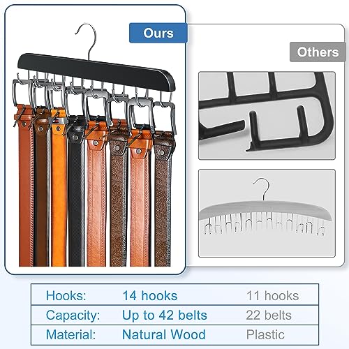 Belt Hanger for Closet Max 42 Belts, Sturdy Wood Belt Rack Closet Accessories with 14 Hooks Belt Organizer for Closet Organizers and Storage -Black 1 Pack - color: Black, size: 1 Pack
