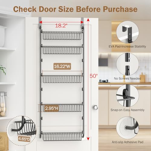 Delamu Over The Door Pantry Organizer, 5-Tier Pantry Door Organizers and Storage with Adjustable Basket, Metal Hanging Spice Rack, Seasoning Organizer, Door Organizer for Home Kitchen Bathroom, Black - color: Black, size: 5 Tier