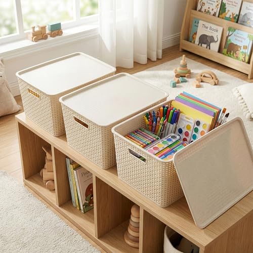 BINO | Plastic Storage Baskets with Lids, 45 Liter - 3 Pack, Natural | THE WOVEN COLLECTION | Storage Basket for Shelves | Woven Storage Baskets for Organizing Bins | Pantry Shelf Organizer Bin - color: Natural, size: 45L | 2-Pack