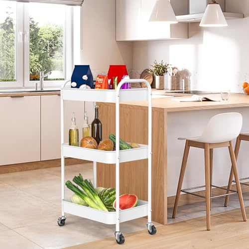 3-Tier Rolling Metal Storage Cart with Wheels, Multi-Functional Organizer for Office, Kitchen, Bathroom, Books Diapers - Easy Assembly (White) - color: White