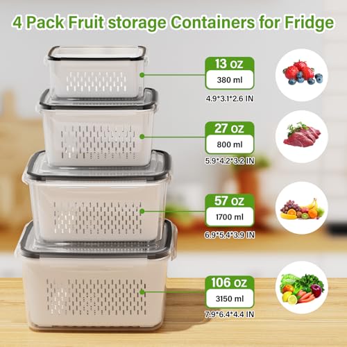 4 PCS Fruit Storage Containers for Fridge, Produce Containers for Fridge with Removable Colander, All-In-One Fruit Washing Bowl with Strainer Microwave/Dishwasher Safe for Salad Berry Lettuce Keeper - color: 4 PACK
