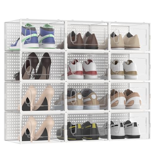 12 Pack X-Large Modular Clear Plastic Stackable Shoe Storage Organizer for Closet, Portable Space Saving Versatile Sneaker Shoe Rack Containers Bins Holders, White0303