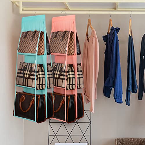 Lirex Medium and Large Handbag Hanging Organizer, 6 Pockets Foldable Hanging Purse Organizer Oxford Cloth Handbag Storage Hanger Universal Fit Closet Organizer for Family Closet Bedroom, Light Blue - color: Light Blue