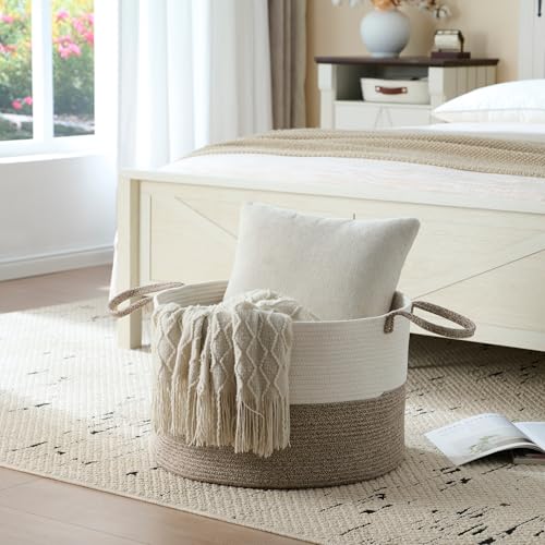 Luxury Little XXXL Nursery Storage Basket, 22 x 22 x 14 inches - 100% Cotton Rope Baskets with Handles, Laundry Basket for Toys, Blankets and Pillows - Off White & Beige - color: White&Beige Premium