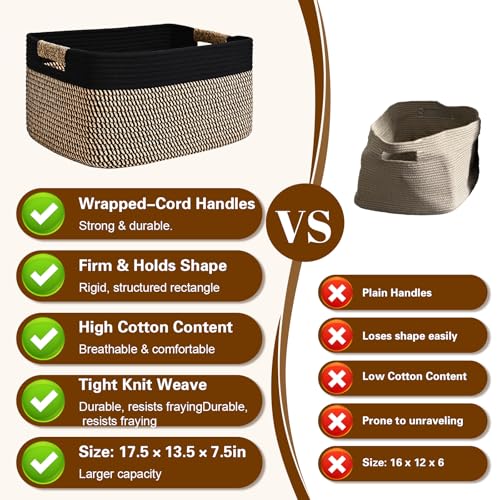 4 Pack Large Storage Basket for Organizing, 17.5"x13"x7" Woven Basket for Shelves, Closet Cube Storage Bins with Wrapped Handle, Cotton Rope Baskets for Kitchen, Clothes, Toys(Black & Brown) - color: Black & Brown, size: 4 Pack