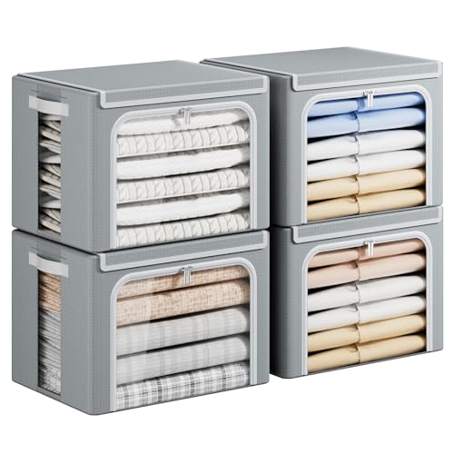 Yecaye Clothes Storage Bins with Metal Frame, Foldable Clothing Storage Bin with Lid, Stackable Oxford Fabric Organizer Box With Clear Window & Zippers & PU Leather Handles (4 Pack,Grey,40L) - color: Grey, size: Medium(4 Pack)