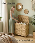 SONGMICS 3-Section Laundry Hamper with Lid, 42.2 Gal (160L) PE Rattan Laundry Basket with Removable Washable Liners, for Bedroom & Living Room, Goose Yellow ULCB223YE01 - color: Goose Yellow, size: 160 L (3 Basket)