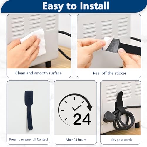 Abnii 50 PCS Hook and Loop Cable Ties, Under Desk Cable Management, Self Adhesive Cable Tidy Clips Straps, Sticky-Back Cord Organizer, Wire Organizer for TV PC Laptop Ethernet Desktop, Black - color: Black