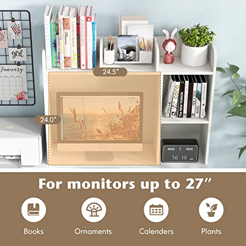 Tangkula Desktop Bookshelf, Countertop Storage Hutch with 5 Shelves for Computer Desk, Desk 3-Tier Display Rack, Multipurpose Wood Desktop Hutch Storage Organizer for Dorm Office Home - color: White, size: 5 Shelves