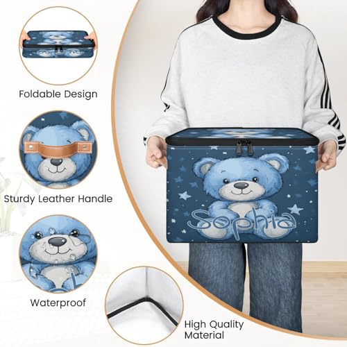 Custom Storage Basket with Name, Personalized Storage Bins with Zipper Lid, Foldable Fabric Storage Box Large capacity with Handle Blue Star Bear - color: Option 5