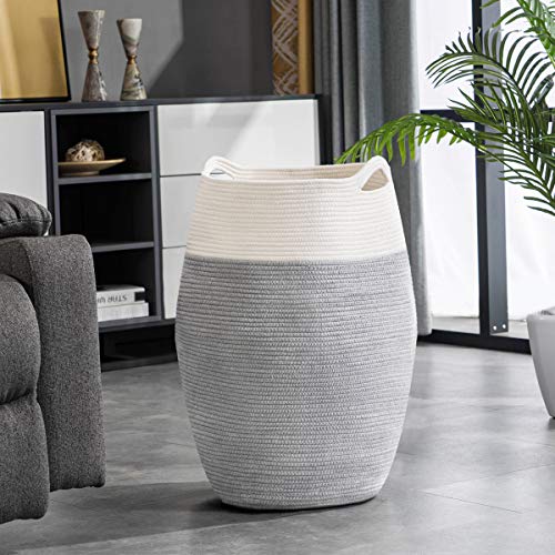 Cotton Rope Laundry Hamper by YOUDENOVA, 105L - Woven Collapsible Laundry Basket - Clothes Storage Basket for Blankets, Laundry Room Organizing, Bedroom Storage, Clothes Hamper – Grey & White - color: Grey