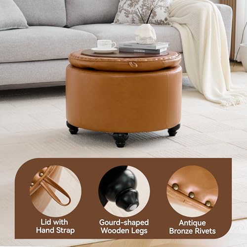 WUTUTUEE 24Inch Round Storage Ottoman with Tray, Modern Tufted Leather Circle Coffee Table with Storage, Upholstered Ottoman with Removable Top for Living Room, Bedroom, Leather Brown - color: Leather Brown, size: 24 Inch