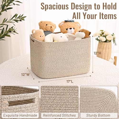 3 Pack Cube Storage Bin, 17”x12”x12” Cotton Rope Woven Baskets for Organizing Toys Clothes Towels, Square Gift Storage Baskets for Shelves, Nursery, Closet, Bathroom, Pantry (Jute) - color: Jute, size: 17" x 12" x 12"