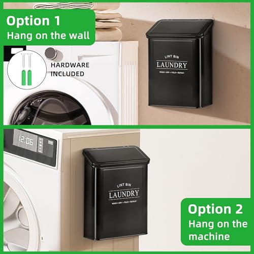 Magnetic Lint Bin for Laundry Room, Metal Lint Trash Can with Lid and Brush, Wall Mounted Lint Box for Dryer, Farmhouse Laundry Room Decor, Black - color: Black, size: Pattern 2