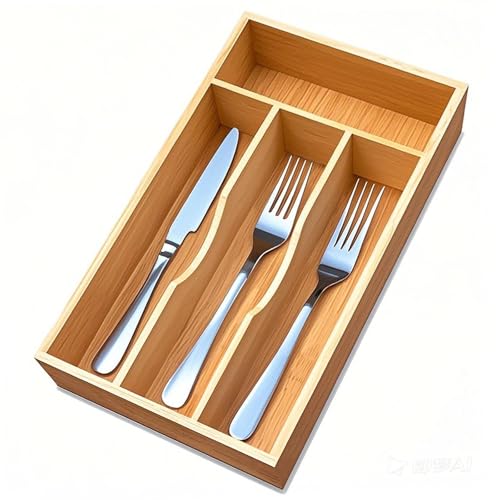 guiogc Bamboo Kitchen Drawer Silverware Organizer, 7 Inch Silverware Utensils Tray Holder for Small Drawer, Wood Caddy for Flatware Cutlery Knives 4-Slots - size: 7"Wx13"D (4-Slots)