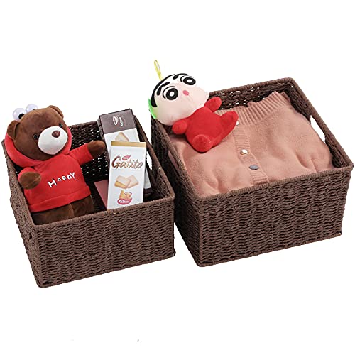 HOONEX Storage Baskets for Organizing, Decorative Round Paper Rope Woven Baskets for Storage with Carrying Handles, Set of 2, Dark Brown - color: Dark Brown, size: 13 x 13 x 7.5 inches