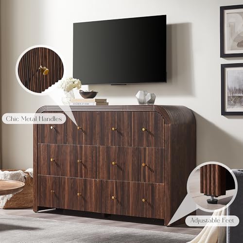 T4TREAM Fluted Dresser for Bedroom with 6 Drawers, 54" Wide Modern Chest of Drawers with Thickened Curved Profile Design, Wood Dressers TV Stand for Bedroom, Living Room, Hallway, Dark Walnut - color: Dark Walnut, size: 15.75"D x 54"W x 36"H(6 Drawers)