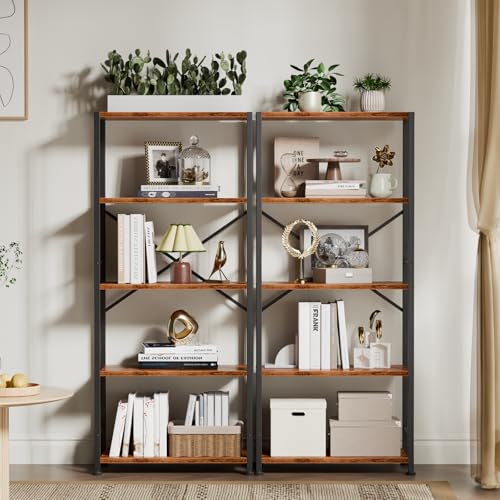 Furologee 5 Tier Book Shelf, Tall Wide Bookshelf, Industrial Open Bookcase, Display Shelves Storage Organizer, Shelving Unit for Living Room, Home Office, Bedroom, Rustic Brown - color: Rustic Brown, size: 5 Tier - 20"W