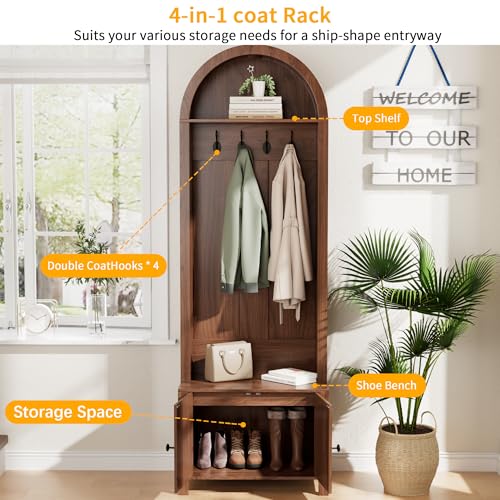 Hall Tree with Bench and Shoe Storage, Entryway Storage Bench with Coat Rack, 70.9"Arch Coat Rack with 4 Hooks and 2 Fluted Doors, Farmhouse Style Furniture Organizer for Hallway (Walnut, 23.7"W) - size: 23.7"W