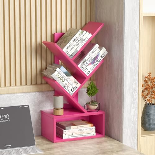 SHEEPAM Small Tree Book Shelf,5 Tier Black Tree Bookshelf,Desktop Bookcase,Modern Desk Display Storage Bookshelves,Floor Standing Organizer Bookcases for Living Room,Bedroom,Office - color: Pink, size: 5 Tier