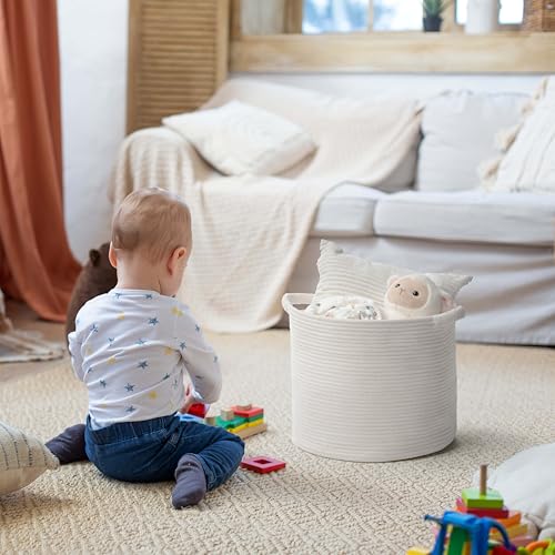 Blanket Basket - Woven Round Rope Storage Basket (16" Wx14 H) for Blankets & Throws, Small Laundry & Toy Organizer, Decorative Living Room & Bedroom Cotton Basket - All White - color: All White, size: Regular-16"Wx14"H
