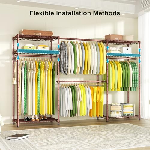 Ulif E1 Heavy Duty Closet Garment Rack, 6 Tiers Adjustable Metal Freestanding Expandable Clothing Storage with 4 Hanger Rods, Easy to Assemble Wardrobe, 71.4" H x (70" - 88.2") L x 14" D, Bronze - color: Bronze