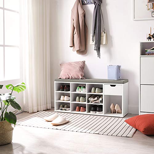 VASAGLE CUSTOS Collection - Storage Bench, Entryway Bench with Cushion, Drawer and Open Compartments, Bench with Storage, Living Room, Bedroom, Closet, White and Gray ULHS24WT - color: White + Gray