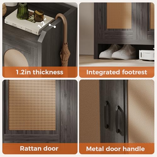 Mericonia Shoe Cabinet Storage for Entryway, Natural Rattan Shoes Cupboard, Wooden Shoe Rack with Doors and Shelves, Farmhouse Boho Wood Shoe Organizer Cabinet for Hallway Black - color: Black, size: 5-tier