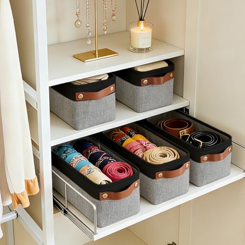 Bagnizer Small Fabric Storage Baskets, 15x6x5 inch Narrow Storage Bins 4-Pack Long Storage Basket for Organizing with Handles, Decorative Basket for Closets, Shelves, Toilet Paper, Grey - color: Gray / Black, size: Narrow-15"x6"x5"