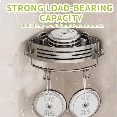 Shower Caddy Suction Cup, No Drilling Rustproof Bathroom Shower Shelf,Corner Shower Shelves with 6 Portable Hooks, Removable Bath Organizer with Towel Bar for Bathroom Hanging Storage - size: Triangular bathroom storage rack