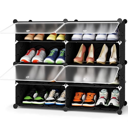 HOMIDEC Shoe Rack, 4 Tier Shoe Storage Cabinet 16 Pair Plastic Shoe Shelves Organizer for Closet Hallway Bedroom Entryway Black - color: Black, style: 2 by 4