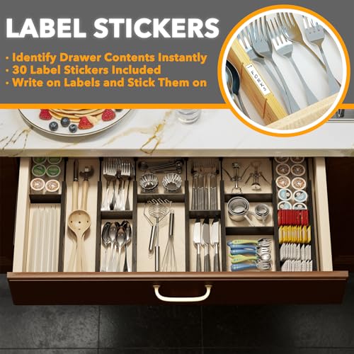 SpaceAid Bamboo Drawer Dividers with Inserts and Labels, Kitchen Adjustable Drawer Organizers, Expandable Organization for Home, Office, Dressers, 7 Dividers with 15 Inserts (17"-22" Black) - color: BLACK, size: 2.35''H, 17''-22''L, 7 Dividers