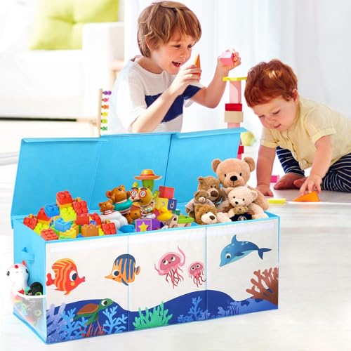 Extra Large Toy Box, Collapsible Storage Organizer with Lids, Sturdy Ocean Toy Chest for Boys Girls, 40"x14"x16" Kids Storage Bin Box Baskets for Living Room, Playroom, Bedroom, Nursery - color: Blue