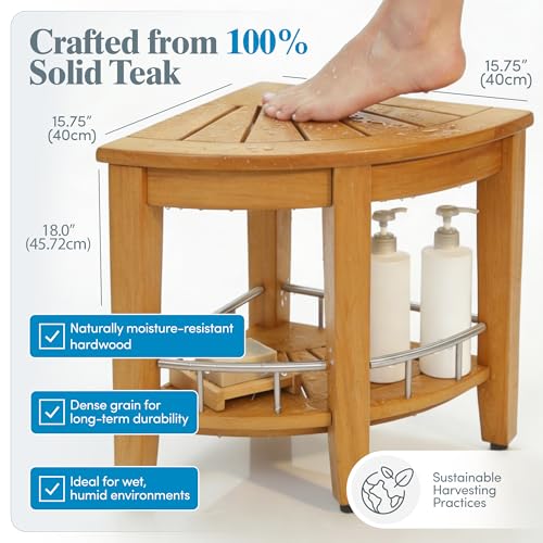 AquaTeak Patented 15.5" Kai Stainless Corner Teak Shower Bench - Shower Stool with Storage Shelf for Bathroom - Water Resistant Shower Chair with Teak Oil & Cleaner CareKit - Shaving Foot Rest - size: Stainless - Care Kit, style: Corner Stool With Shelf