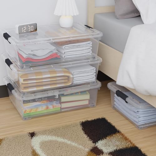 4-Pack 25L Plastic Under Bed Storage Organizer Bin Container with Latch Lids and Wheels, Clothes Storage Box Rolling Underbed, Clear - size: 25L