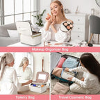 HXLGMD Large Makeup Bag with Mirror Double Layer Travel Make Up Organizer Case, Large Capacity Coemetic with Brush Slot Divider, Travel Toiletry Bag for Women - White/Beige - color: Beige