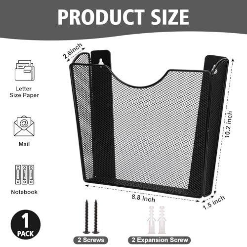 Wall Mount File Holder Mesh Metal Vertical Magazine Holder Letter Size Wall File Organizer Magazine Rack Wall Folder Storage Mail Organizer Hanging Basket Hanging File Organizer for Office (1 Pack) - size: 1 pack