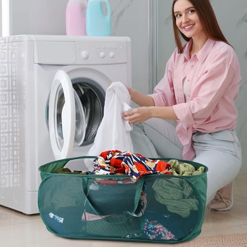 Up Laundry Hamper - Collapsible Mesh up Laundry Basket, 3 Compartments Collapsible Mesh Laundry Baskets Clothes Foldable Tote with Handle for Bathroom, College Dorm, Travel (Green)