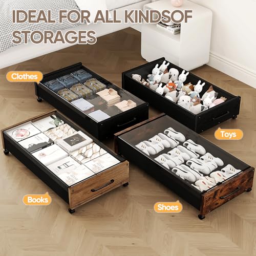 KITHELP Wooden Under Bed Storage with Wheels, 80L Extra-large Rolling Under the Bed Storage Bins 2 Pack with Removable Lid, Upgrade Metal Under Bed Drawers for Clothes Shoes Blankets in Bedroom - color: Walnut Brown 90cm-2 pack