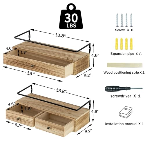 DreamPossible Floating Shelves - Wall Mounted Bathroom Shelf Set of 2 with Drawers, Rustic Wood Shelves for Bedroom, Living Room, Kitchen, Wall Decor, Plants, Books (Brown) - color: Brown, size: 13.8 Inch Long
