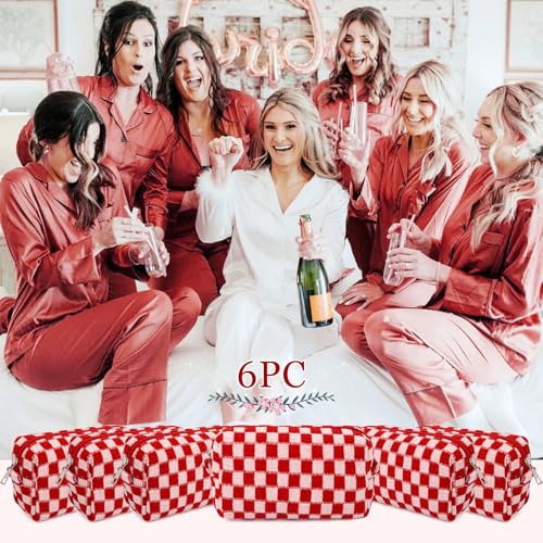 SOIDRAM Makeup Bag Preppy Cosmetic Bag Bulk Makeup Pouch Personalize Travel Toiletry Bag Organizer Cute DIY Makeup Brushes Storage Bag for Women - color: Red checkered, size: 6 Pack