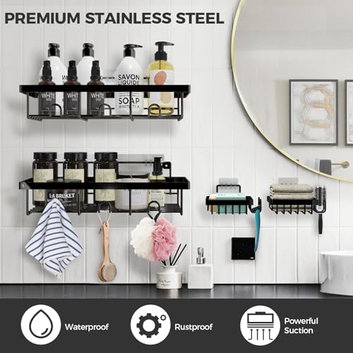 Adhesive Shower Caddy 4-Pack, Rustproof Stainless Steel Shower Organizer, Shower Shelves for Inside Shower Storage, Heavy-Duty No-Drill Rack with Built-in Hooks for Bathroom & RV - color: Black