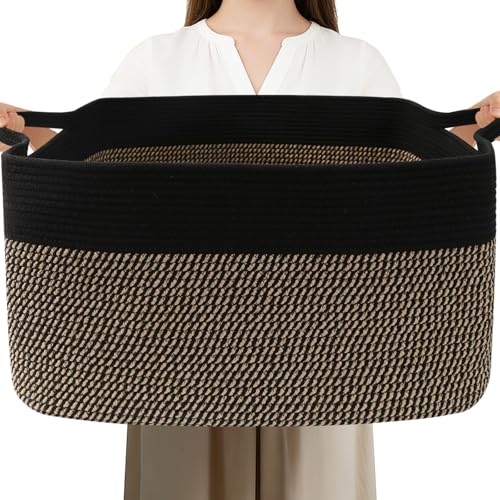 96L Large Blanket Basket,24"x16"x15"Rectangle Storage Bin with Handles,Woven Rope Laundry Basket for Toys, Clothes,Magazines,Home Organization,Nursery,Living Room & Bedroom,Black&Jute - color: Black & Jute, size: 24"x16"x15"(96L)