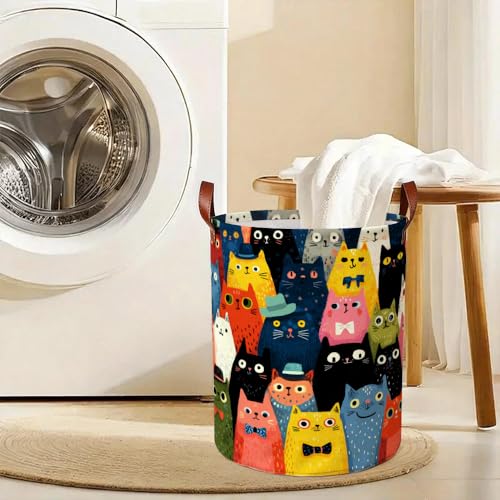 Laundry Basket 15.75 x 15.75 x 19.7 Inch Oxford Fabric Clothes Hamper with Colorful Cartoon Cats Foldable Storage Bin with Handles for Bedroom Nursery Dorm and Laundry Room Décor - color: Colorful590