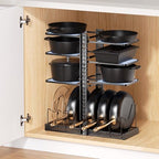 LAMU Pots and Pans Organizer under Cabinet, Expandable to 24" H Pan Organizers inside Cabinet for Kitchen Storage, 6 Adjustable Tiers and 6 Pot Lid Organizer Racks, Holds 12 Cast Iron Cookware Black