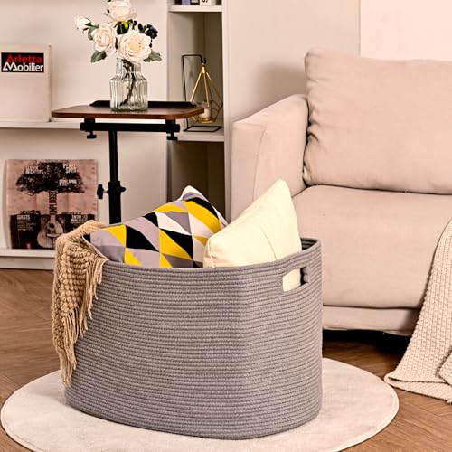 ICERZCZ Large Grey Storage Basket, Blanket Baskets for Living Room, Large Toy Basket for Storage, Woven Cotton Rope Baskets for Blankets, Clothes, Shoes, Books, Grey, 25”x16”x16” (105L) - color: Grey, size: 25”x16”x16”