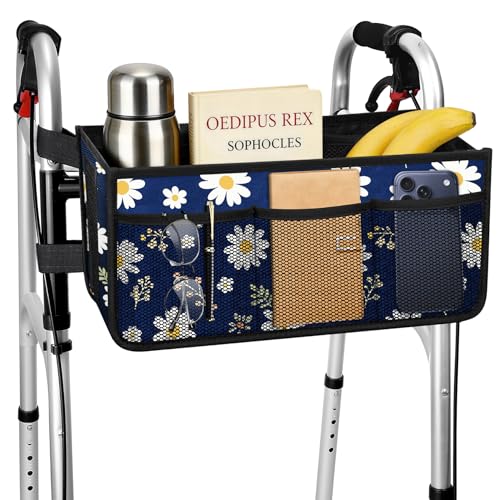Dotday Upgraded Walker Basket with Cup Holder, Foldable Walker Bag with Large Capacity & Never Tipping Over- Not Fit for Rollator - color: Blue