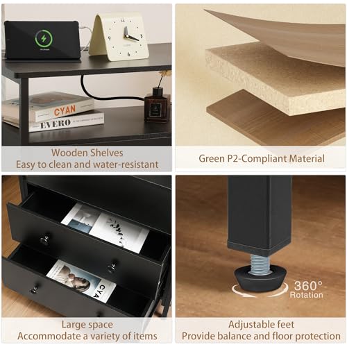 Edbuosy 27 inch Wide Night Stand Set 2 with Charging Station, Bedside Table with Open Shelf, 2 Drawers Small Wood Dresser, Modern Wood Nightstand for Bedroom/Living Room (Black) - color: 2 Pack, Black, size: 2 Drawers