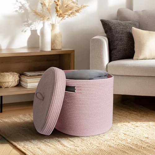 Storage Basket with Lid, Woven Blanket Storage for Living Room, Soft Cotton Rope Bin with Lid, Round Wicker Laundry Basket with Cover, Lidded Kid Dog Toy Box, Nursery Organizer, 15"x13", Pink - color: Pink