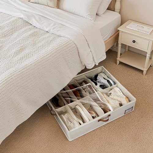 StorageWorks Under Bed Shoe Storage for Closet, 2-Pack Ultra-thick Fabric Shoe Organizer, Collapsible Shoes Containers with Bottom Support, Fits up to 24 Pairs, Beige - color: Beige, style: Fixed Divider